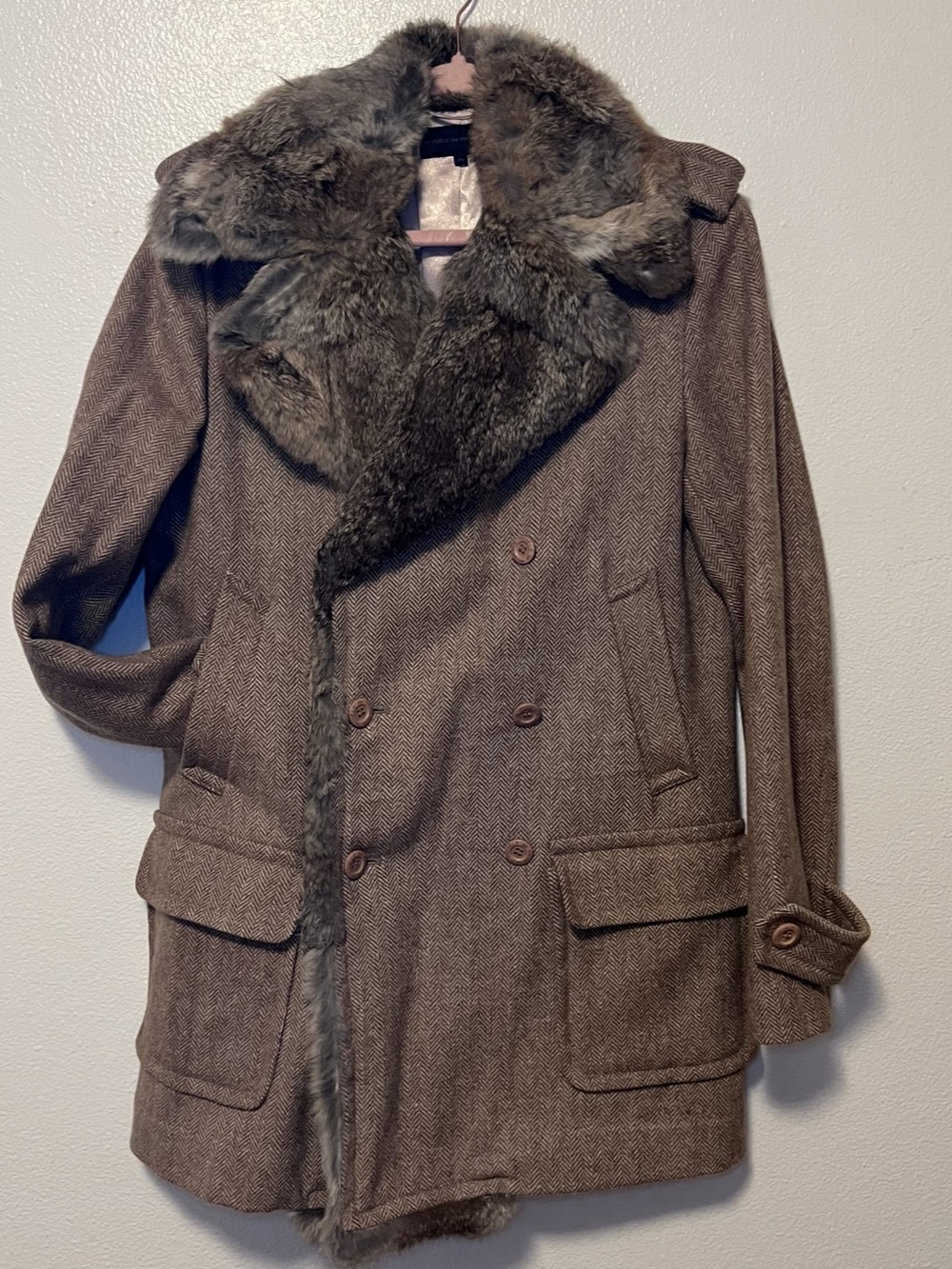 100% Wool & Rabbit Fur Pea Coat - Modele De Prudence - Euro 48 / US XL